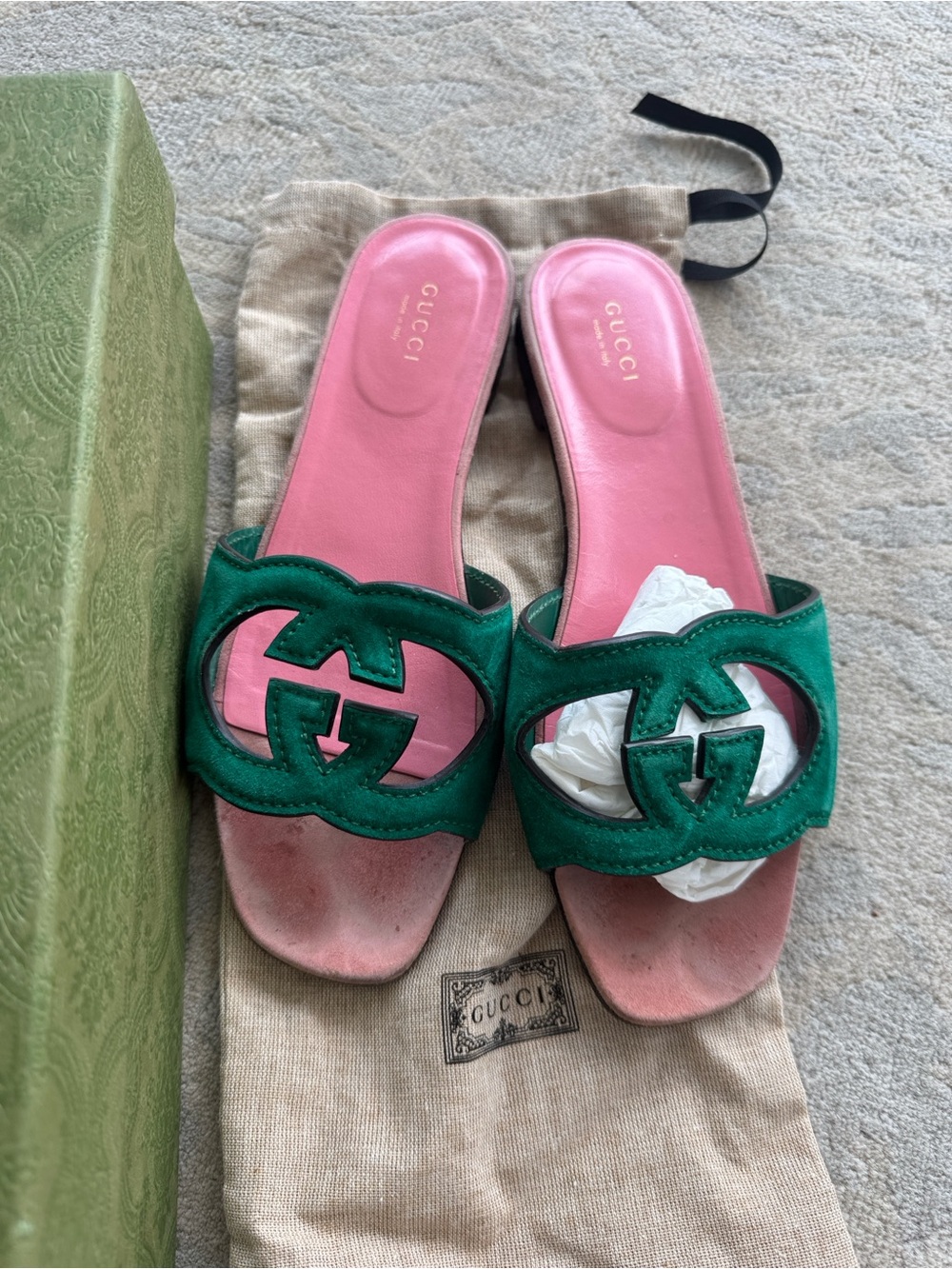 Gucci Green Suede GG Slide Sandals with Pink Leather Insole 38 1/2